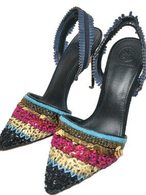 Tory Burch Isle Beaded Slingback Pump Size 7 M 105mm Sequins Black Embellished